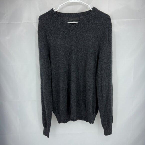 Tahari Women L Cashmere Sweater V Neck Gray Long Sleeve Soft Holiday 2 HOLES - Picture 1 of 8